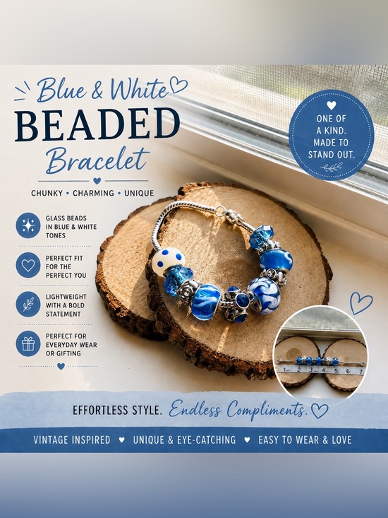 Handmade Jewelry - Blue & White Beaded Charm Bracelet | Glass Bead Bracelet | Coastal Jewelry